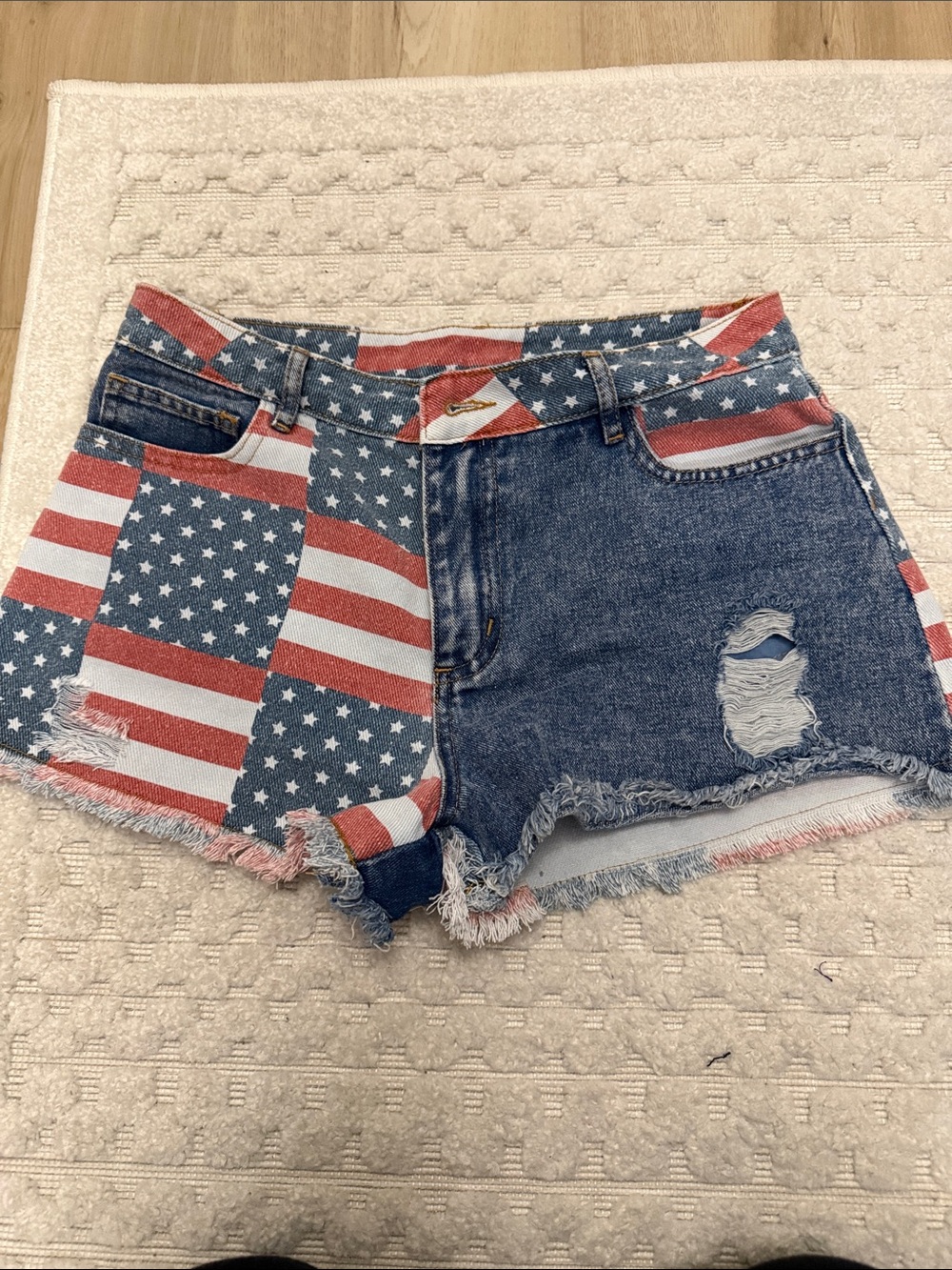 American Flag Patchwork Denim Shorts - Red/Blue
